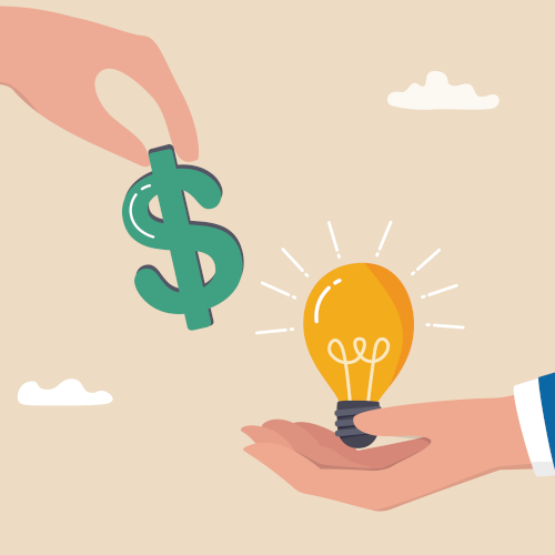 Funding startup idea, fundraising to start business, investor, venture capital or VC to financial support, budget or sponsorship concept, businessman hand give dollar money to lightbulb business idea.